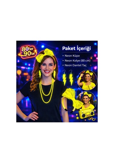 80 Ler 90 Lar Neon Sarı Parti Seti Kolye Küpe Taç Diğer