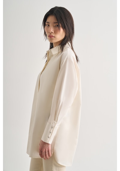 Mizalle Premium Saf Pamuk Kalın Manşetli Oversize Beyaz Gömlek Beyaz
