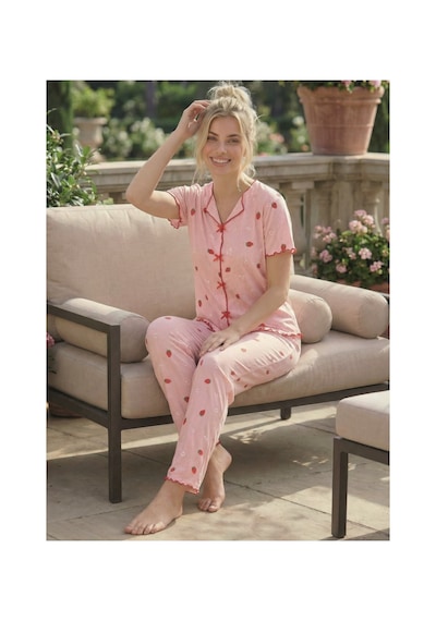 Eyfuze Kadın Baskılı Fiyonk Detaylı Raporlu Kaşkorse Kısa Kollu Pijama Takımı Pembe
