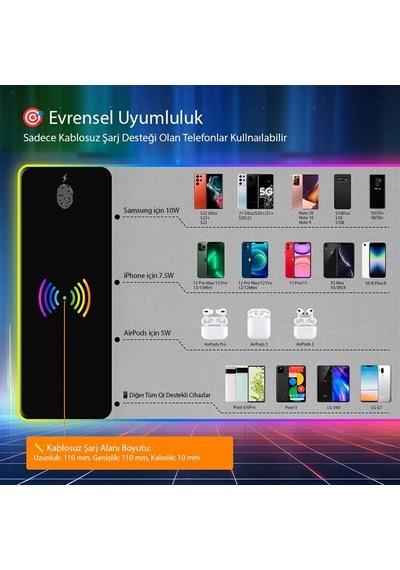 Powermaster Pm-25115 Xl Rgb Gaming Mouse Pad Wireless Telefon Şarj Destekli 14 Modlu
