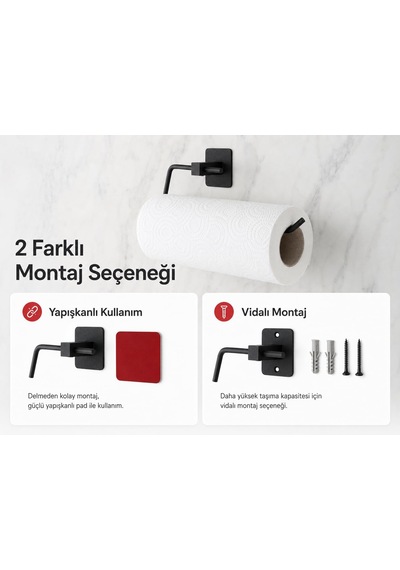 Siyah Kare Kağıt Havluluk, Yapışkanlı Ve Vidalı Montajlı Duvara Monte Rulo Havlu Askısı, Mat Siyah Mutfak Ve Banyo Aksesuarı Cok Renkli