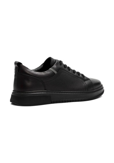 Erkek Siyah Bağcıklı Baskılı Deri Sneaker