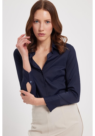 Tudors Kadın Slim Fit Dar Kesim Klasik Yaka Uzun Kollu Lacivert Gömlek-40356 Lacıvert