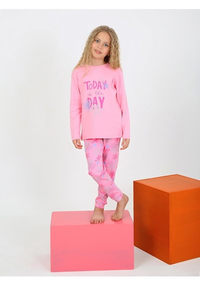 Kız Çocuk Uzun Kollu %100 Pamuklu Pijama Takımı Today Koyu Pembe