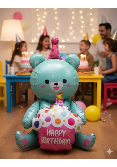 92x73 Cm Folyo Balon Oturan Ayı Cupcakeli Yeşil Parti Ve Doğum Günü Balonu Çok Renkli