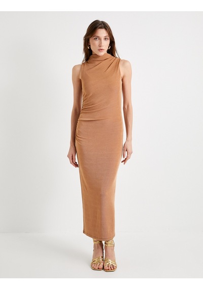 Koton Midi Elbise Drape Yaka Kolsuz Standart Kesim Tarcın 4sak80030uk