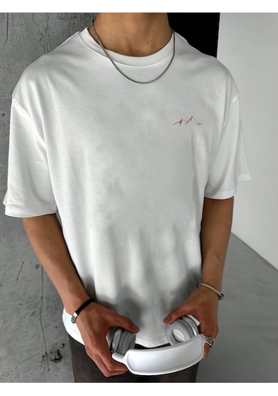 Unisex Dağ Baskılı Oversize Tshirt Beyaz