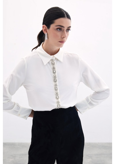 Sateen Şerit Aksesuarlı Gömlek - Ekru-135986 Ekru