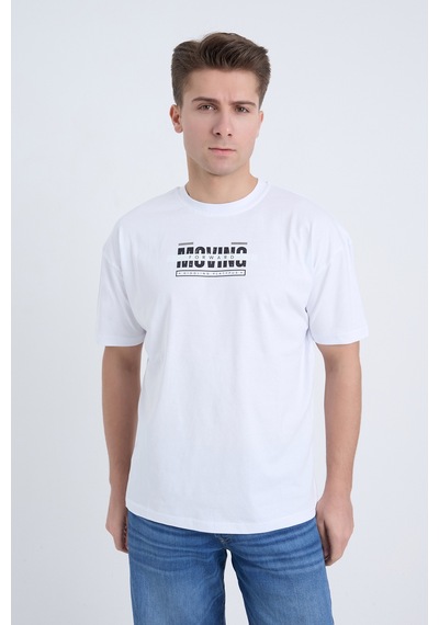 Velvoria Unisex Oversize Relaxed Moving Baskılı Beyaz Renk T-shirt