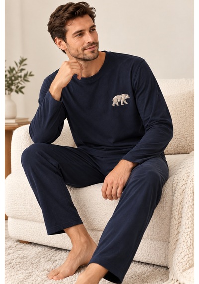 Free Beka Erkek Nakışlı Lacivert Uzun Kollu Penye Kumaş Mevsimlik Pijama Takımı Gri
