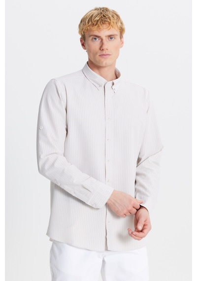 AC&Co / Altınyıldız Classics Erkek Bej Tailored Slim Fit Dar Kesim Düğmeli Yaka Gofre Desenli Gömlek Bej