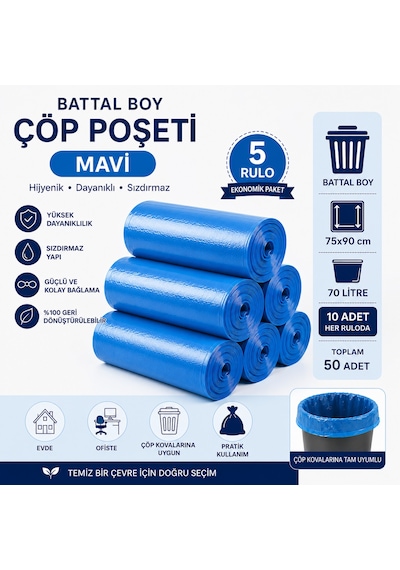 Battal Boy Mavi Çöp Poşeti 75x90 Cm 70 Litre 5 Rulo X 10 Adet Toplam 50 Adet Dayanıklı Sızdırmaz Çöp Torbası