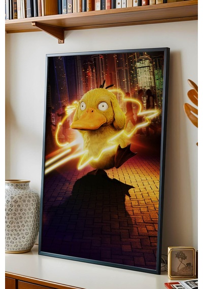Psyduck Neon Psişik Güç Çerçeveli Tablo - Lüks Realistik Pokemon Anime Modern Şehir Duvar Dekoru Siyah