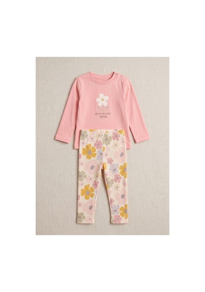 Deniva Kids Kız Çocuk Pudra Papatya Baskılı Fitilli Taytlı Alt Üst Takım Pembe