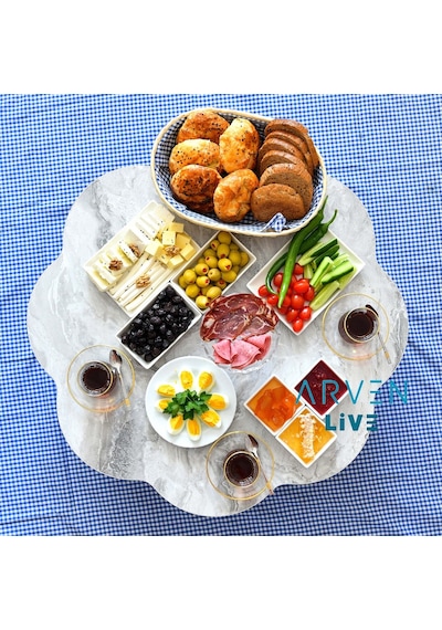 Arvenlive Mermer Desenli Ahşap Katlanabilir Papatya Yer Sofrası (467864187)