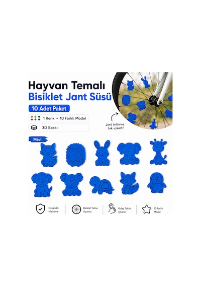 Hayvan Temalı Bisiklet Jant Süsü 20 Parça 2 Renk 10 Farklı Model Kırmızı-Mavi