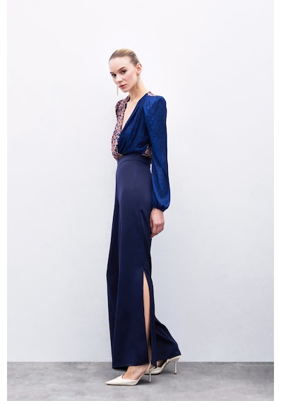 Sateen Yırtmaç Detaylı Saten Pantolon - Lacivert-135912 Lacivert