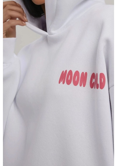 Hiccup Oversize Baskılı Kapüşonlu Sweatshirt Tozlu Beyaz
