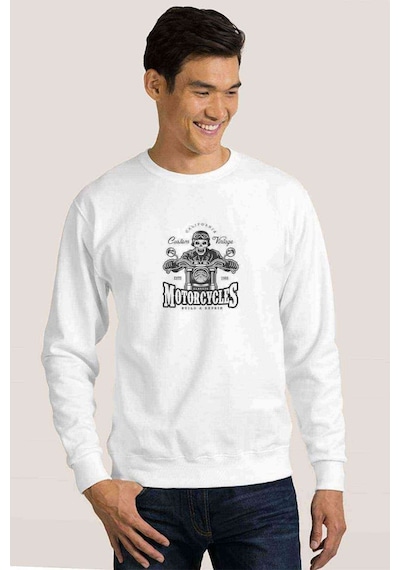 American Moto Costum Vintage Baskılı Beyaz Erkek Sweatshirt