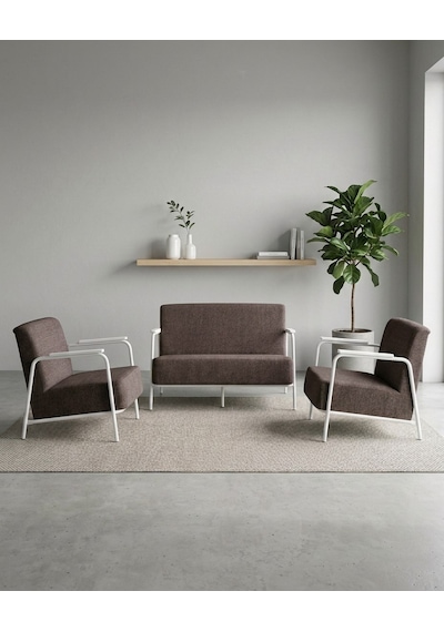Atlas 2+1+1 Dokuma Kumaş Ofis Cafe Bekleme Koltuk Takımı Beyaz Metal Acı Kahve Kahverengi Atlas 2+1+1 Dokuma Kumaş Ofis Cafe Bekleme Koltuk Takımı Beyaz Metal Acı Kahve Kahverengi