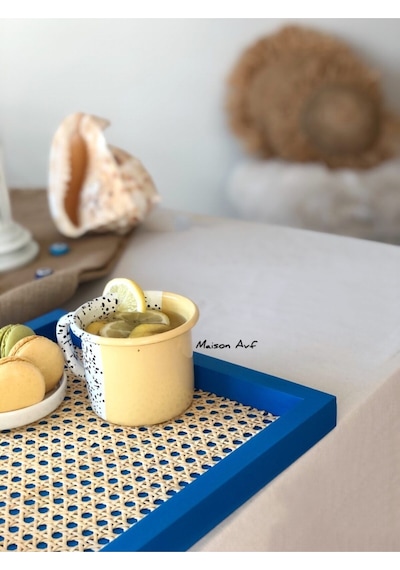 Rattan Hazeran Kare Tepsi Alaçatı Mavisi %100 Doğal Hazeran M028