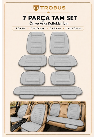 Audi A3 2003-2011 Üniversal Soft Alkantra Çizgili 7 Parça Oto Koltuk Minderi Gri