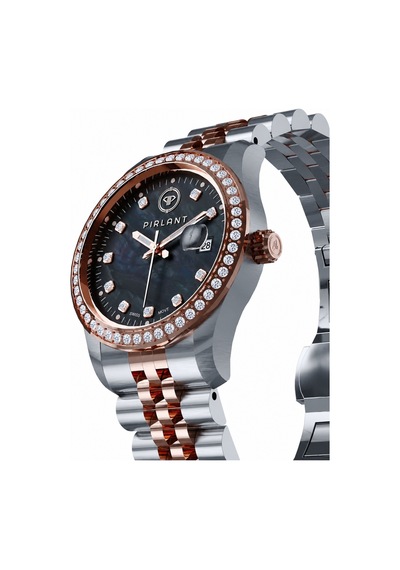Pırlant Siyah Sedef Kadranlı Kadın Kol Saati Rose Gold - Gümüş