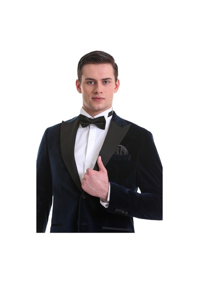 Hatemoğlu Lacivert Slim Fit Düz Sivri Yaka Kadife Klasik Smokin Damatlık 3 Lacivert