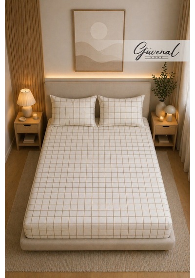 Güvenal Charm %100 Pamuk Desenli Yastık Kılıflı Lastikli Çarşaf Seti Yastık Kılıfı Lastikli Çarşaf Uyku Seti Çeyiz - Kare Krem