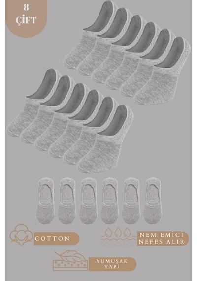 Kral Socks Kadın - Erkek Düz Desen 8'li Paket - 8 Çift Pamuklu Terletmez Babet Çorap Gri