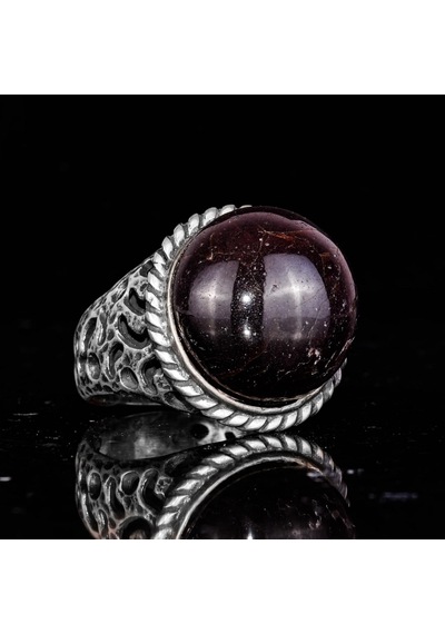 925 Ayar Gümüş Erkek Yüzük Doğal Yıldız Garnet Taşı - Nadir İşlenmemiş Garnet Kaboşon Gümüş