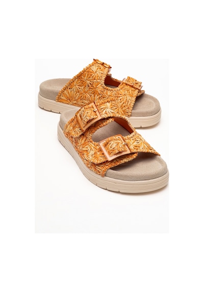 Luvishoes Luvi Shoes Mılana Turuncu Desenli Hakiki Deri Tokalı Çift Bantlı Kadın Terlik Turuncu