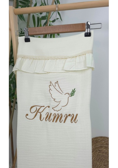 Gros Shop Müslin Yeni Doğan 4katlı Organik %100pamuk Kişiye Özgü Nakışlı Hastane Çıkış Seti Kuş Model-2 Ekru