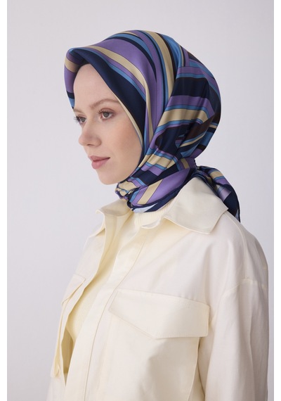 Geometrik Desen İpek Twill Eşarp T 4311 Lacivert