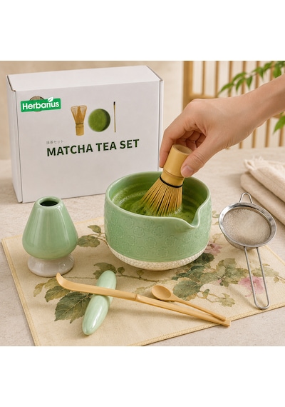 Herbarius 8 Parça Çiçek Desenli Balık Sırtı Kabartmalı Mint Yeşili Renk Matcha Çayı Hazırlama Seti - Geleneksel Japon Matcha Seti