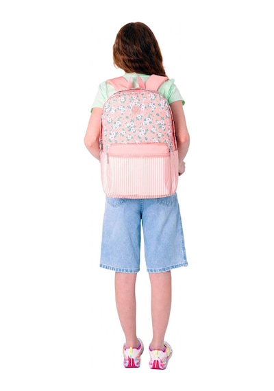 Kaukko Soft Floral Kız Çocuk Üç Bölmeli Somon Çiçek Ve Çizgi Desenli Okul Sırt Çantası - K1795 Somon