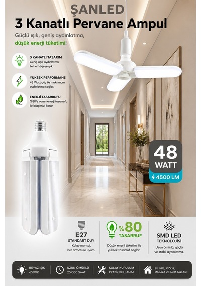 3 Kanatlı Pervane 48w Ampul Beyaz Işık- 2 Adettir 2 Adet