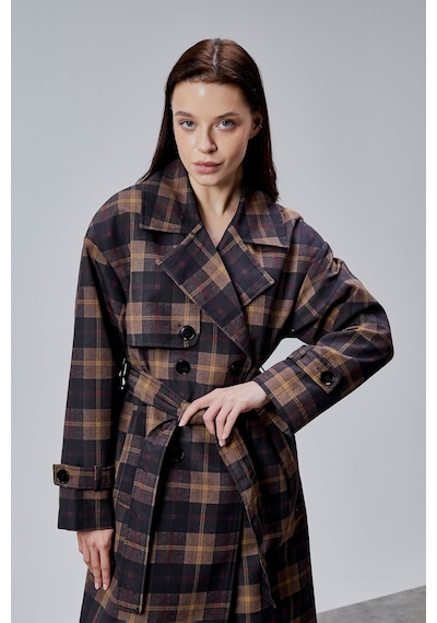 Elora Lacivert Ekose Detaylı Premium Oversize Trençkot 46650 Lacivert-haki