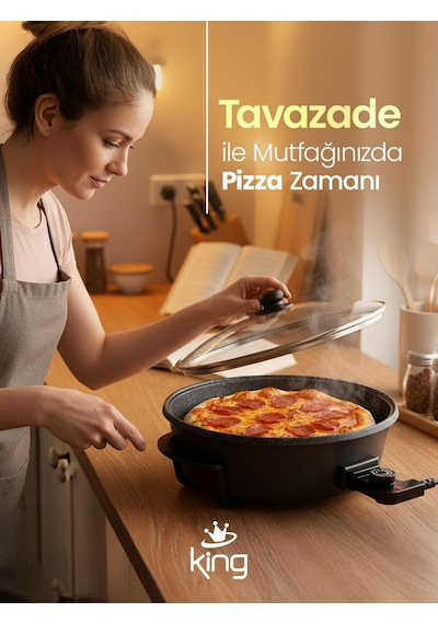 Tr King K2101 Tavazade Çok Amaçlı Pizza Tavası 40 Cm, 7l, 1200w, Cam Kapak Diğer