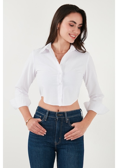Lela Pamuk Karışımlı Slim Fit Uzun Kollu Crop Bayan Gömlek 6777336 Beyaz