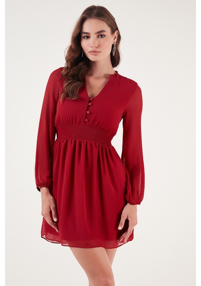 Lela V Yaka Regular Fit Gipeli Düğme Detaylı Şifon Mini Bayan Elbise 611El01433 Kırmızı