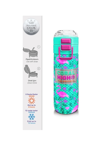 Coral High Kids Su Yeşili Pembe Flamingo Desenli Pipetli Ve Direkt İçim Çelik Termos 500 Ml 31926 Su Yeşili - Pembe