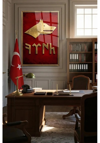 Türk Destanlarında Bozkurt Sembolü Kırmızı Gold Cam Tablo Sanatsal Duvar Dekoru Canlı Renkli Baskı Ofis Ve Çalışma Odası Dayanıklı Cam Yapı