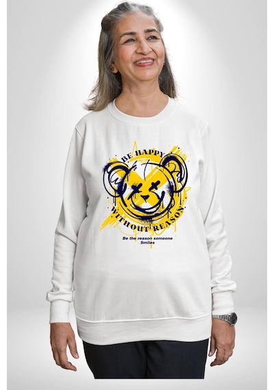 Sebep Olmadan Mutlu Ol Unisex Beyaz Sweatshirt Beyaz
