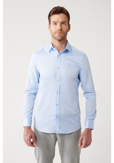 Avva Erkek Mavi Gömlek Klasik Yaka %100 Pamuk Saten Slim Fit Dar Kesim  B002006 Mavi