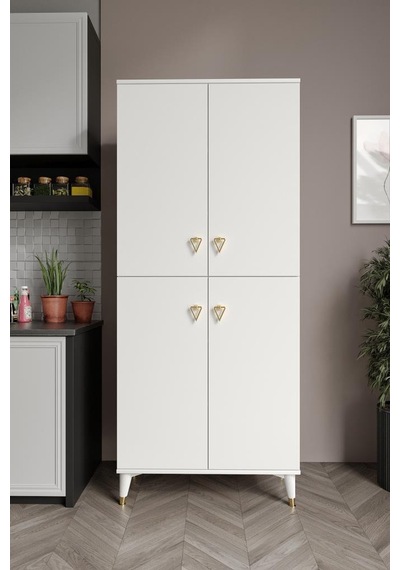 Simple Sp4190 Çok Amaçlı Dolap 4 Kapaklı Mutfak Dolabı Balkon Dolabı Kiler Banyo Dolabı Ayakkabılık Beyaz Gold