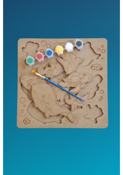 Çocuklar İçin Zeka Ve Beceri Geliştiren Su Canlıları Ahşap Boyama Puzzle Seti