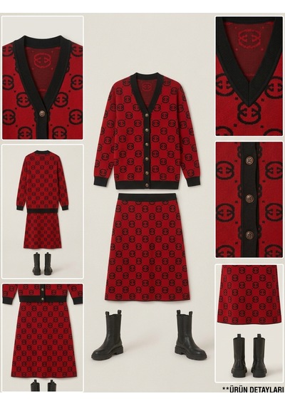 Guzelco Kırmızı Siyah Monogram Jakar Örme Triko Takım - Siyah Biyeli Düğmeli Hırka Ve Etek Set Kırmızı - Siyah Guzelco Kırmızı Siyah Monogram Jakar Örme Triko Takım - Siyah Biyeli Düğmeli Hırka Ve Etek Set Kırmızı - Siyah