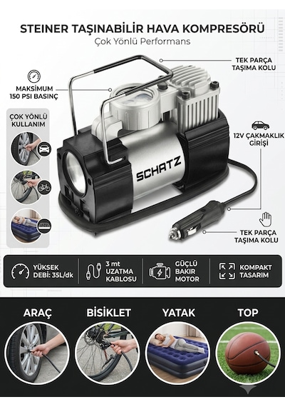 Schatz 12v 150 Psi Işıklı Bakır Sargılı Çakmaklık Girişli Mini Hava Kompresörü 35l Siyah