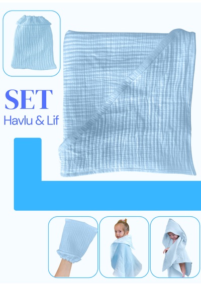 Joyous Mom Kids Organik Muslin Banyo Kese Ve Havlu Seti Mavi